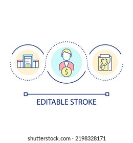 Paying For Full Cost Of Medical Care Loop Concept Icon. Hospital Billing Abstract Idea Thin Line Illustration. Medical Health Insurance. Isolated Outline Drawing. Editable Stroke. Arial Font Used