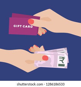 Paying for a Gift Card. Women Hand Holding Gift Card and Another One Holding Rupees. Receiving money. Transfer of Cash from Hand to Hand.  Financial Giving Concept. Vector Illustration, Flat Design