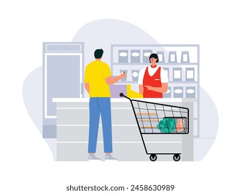 Paying groceries to the cashier, vector illustration.