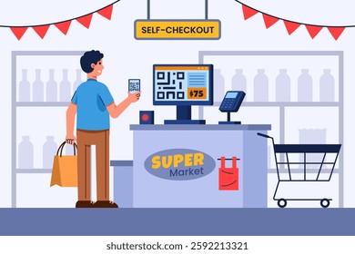 Paying groceries using self service cashier machine. 