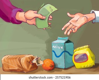 Paying for grocery. Grocery shopping. VECTOR. Great illustration for finance magazine, children book and more. 