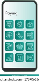 paying icon set. included shopping bag, online shop, handshake, profits, sale, voucher, discount, stopwatch, shopping basket icons on phone design background . linear styles.