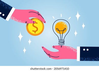 Paying for Idea and creativity concept. Hand of businessman giving golden coin money to another hand holding light bulb with great idea vector illustration