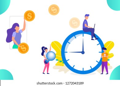 Paying money for time and work, concept of earning,doing money, group of people working, vector illustration for web, ui, landing page, flyer, poster, banner.

