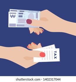 Paying Money. Women Hand Holding Won Banknotes and Another One Holding Tax Receiving money. Transfer of Cash from Hand to Hand. Financial Giving Concept. Vector Illustration, Flat Style Design