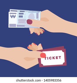 Paying Money. Women Hand Holding Won Banknotes and Another One Holding Tickets. Transfer of Cash from Hand to Hand. Financial Giving Concept. Vector Illustration, Flat Style Design
