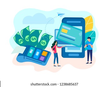 Paying with NFC technology on mobile phone. Contactless payment with POS terminal and credit card. Payment mobile phone, сontactless technology concept. Online shopping. Vector illustration.