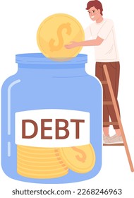 Paying off debts fast flat concept vector spot illustration. Editable 2D cartoon character on white for web design. Payment creative idea for website, mobile, magazine. Oxygen font used