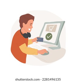 Paying online isolated cartoon vector illustration. Smiling teenager holding bank card in hand and making payment via Internet, teenage boy is happy with online purchase vector cartoon.