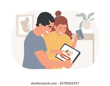 Paying order isolated cartoon vector illustrations. Young couple paying for online grocery shopping with tablet, buying food via internet, modern product delivery process vector cartoon.