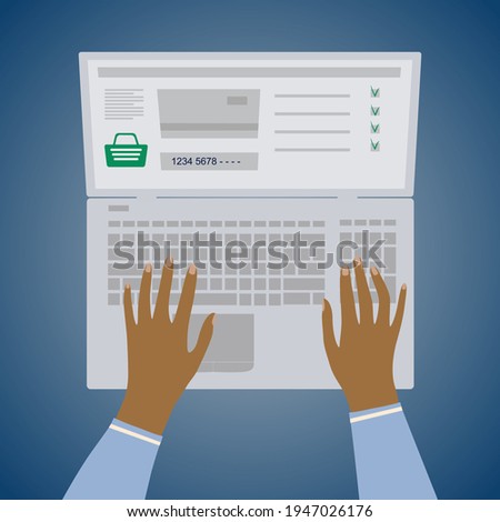Paying for products at home. Hands and laptop. Human sitting at a laptop and enters bank card details to pay for purchases. Isolated vector illustration