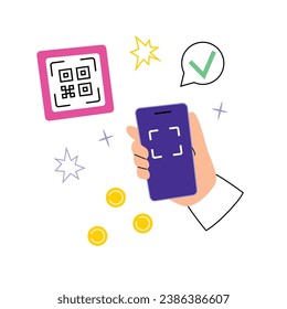 Paying with qr code, contactless payment hand drawn composition, coins doodle icons, vector illustration of shopping, using smartphone to pay, qr code scan technology, mobile bank app, colored clipart