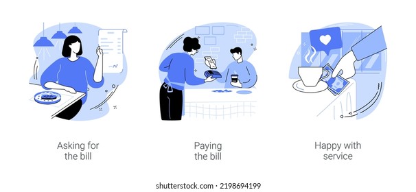 Paying in a restaurant isolated cartoon vector illustrations set. Customer asking for bill, person paying for food using credit card, guest leaving a tip, happy with service vector cartoon.