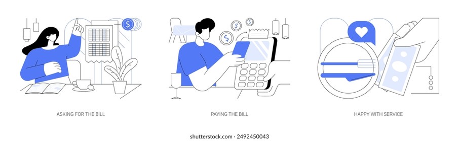 Paying in a restaurant isolated cartoon vector illustrations set. Customer asking for bill, person paying for food using credit card, guest leaving a tip, happy with service vector cartoon.