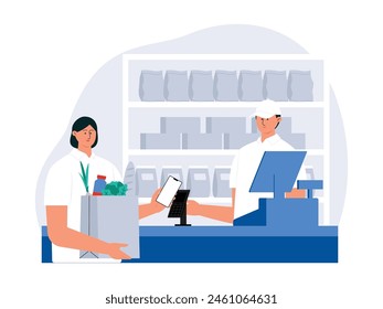 Paying shopping total in supermarket with e-money, vector illustration.