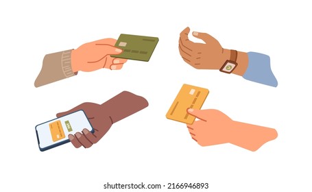 Paying with smartphone or watch with NFC function, isolated credit card in hands of clients. Contactless and cashless methods of payment in stores. Vector in flat style illustration