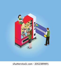 Paying snacks in vending machine with credit card 3d isometric vector illustration concept for banner, website, landing page, ads, flyer