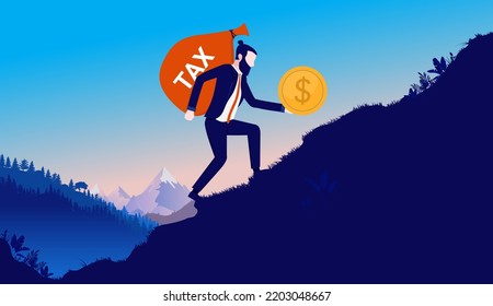 Paying tax - Businessman walking up challenging hill trying to pay his taxes. Tax payment trouble and problem concept. Flat design vector illustration