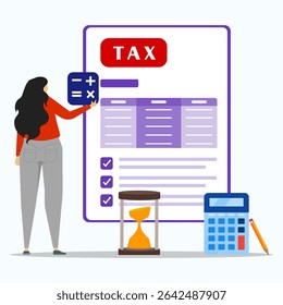 Paying tax concept. Young woman calculating tax value on document of tax.