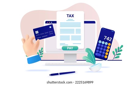 Paying tax online - Hand with bank card pay taxes on desktop computer screen. Vector illustration with white background