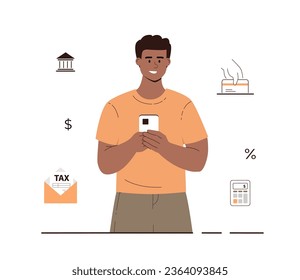 Paying tax online. Man paying tax bill with bank card via smartphone. Electronic wallet, online transfers and transactions. Cartoon flat vector illustration.	
