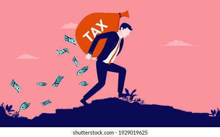 Paying taxes - Businessman on his way to pay tax, carrying big bag of money on his back. Business owing high amount of money concept. Vector illustration.