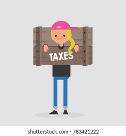 Paying taxes, conceptual illustration. Young unhappy female character standing locked in the wooden pillory / editable flat vector illustration, clip art