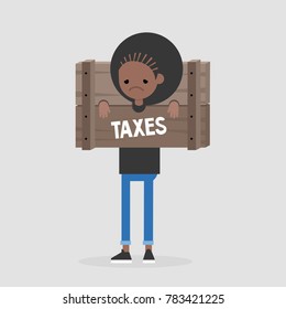 Paying taxes, conceptual illustration. Young unhappy black girl standing locked in the wooden pillory / editable flat vector illustration, clip art