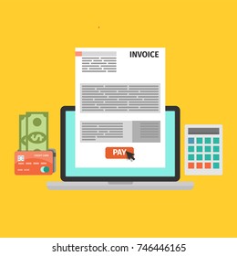 Paying taxes online on screen laptop. Flat vector illustration.