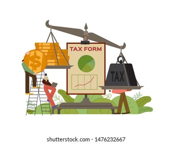 Paying taxes - tax burden. Men and women use coins balancing with tax on scales. Business concept. Vector illustration.
