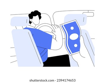 Paying for a taxi with cash abstract concept vector illustration. Cab passenger pay for ride with cash, in car with taxi driver, commercial city transport, urban transportation abstract metaphor.