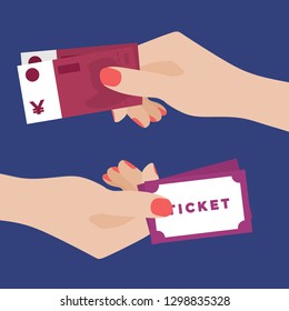 Paying for Ticket. Women Hand Holding Yuans and Another One Holding Ticket. Receiving money. Transfer of Cash from Hand to Hand.  Financial Giving Concept. Vector Illustration, Flat Style Design