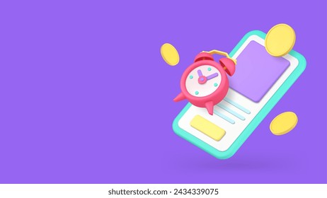 Paying time smartphone banking application reminder banner copy space 3d icon realistic vector illustration. Payment loan credit mortgage financial money transaction date mobile phone notice
