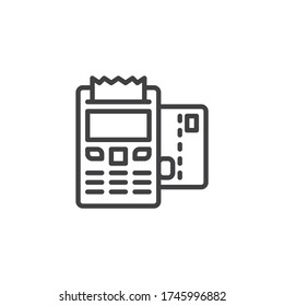 Icono de línea de transacción de pago. signo de estilo lineal para concepto móvil y diseño web. Terminal POS con icono de vector de contorno de tarjeta de crédito. Símbolo, ilustración del logotipo. Gráficos vectoriales