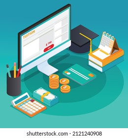 Paying tuition fee online 3D isometric vector concept for banner, website, illustration, landing page, flyer, etc