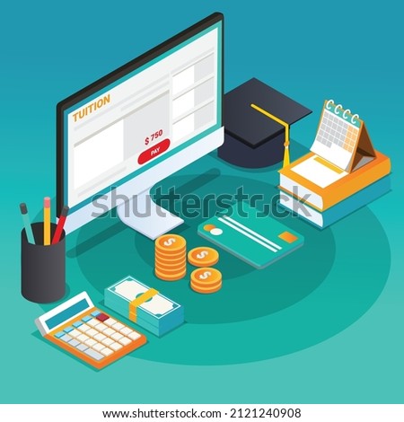 Paying tuition fee online 3D isometric vector concept for banner, website, illustration, landing page, flyer, etc