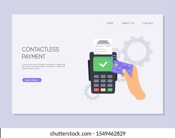 Paying using contactless credit card and payment terminal.  Wireless bank payment by debit or credit card and POS terminal. NFC payments concept.