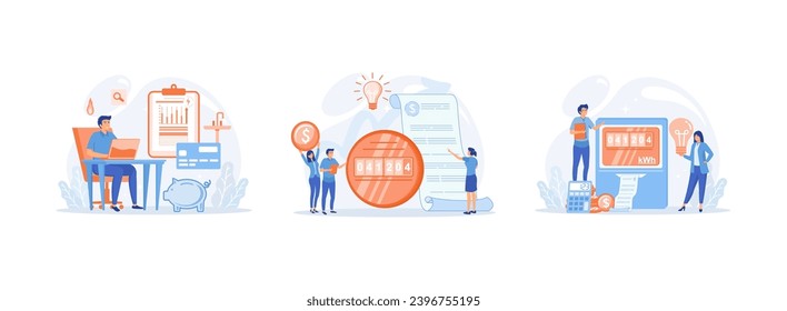  Paying utility bills online. Invoice and electricity meter.  Paying utilities together. Utility bills set flat vector modern illustration   