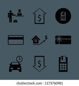 paying vector icons set. with dollar rate falling, parking time, credit card and pos terminal in set