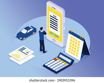 Paying vehicle tax online 3D isometric vector concept for banner, website, illustration, landing page, flyer, etc