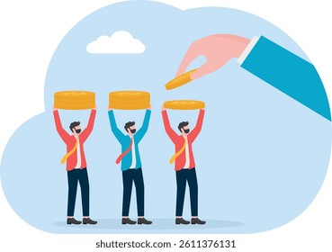 Paying wages and benefits, hand holding gold coins to businessmen standing in line one by one

