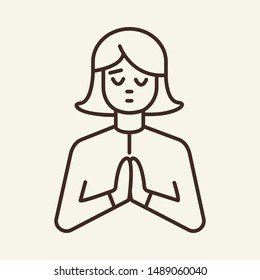 Paying woman line icon. Gesture, begging person, namaste. Spirituality concept. Can be used for topics like Christianity, meditation, faith