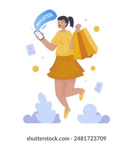 Paylater cashless payment, Happy shopping girl, Vector illustration