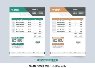 Payment agreement and invoice bill template vector. Corporate invoice decoration with orange and green shades. Business invoice template design with billing and payment agreement section.