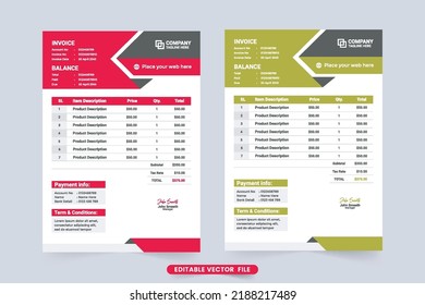 Payment Agreement And Invoice Bill Template Vector With Red And Green Colors. Business Product Info Tracker And Cash Receipt Design. Minimal Invoice Template Decoration With Modern Shapes.