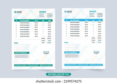 Contrato de pago y plantilla de factura con formas digitales. Vector de plantilla de factura comercial y recibo de pago. Diseño de recibos de efectivo con formas de color verde y azul. Decoración de facturas corporativas.