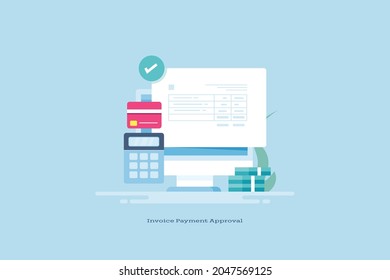Payment approved, digital invoice, check mark on document, online accounting system - flat design vector illustration with credit card and calculator