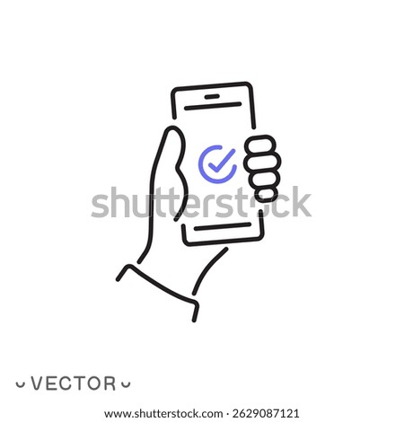 payment approved icon, blue check mark on smartphone concept , thin line symbol isolated on white background, editable stroke eps 10 vector illustration