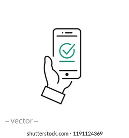 Icono de pago aprobado, marca de verificación verde en señal lineal para smartphones aislado en fondo blanco - ilustración editable eps10