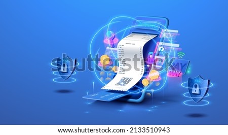 Payment Approved, online card Payment concept.  Online invoice payment, electronic invoice. Smartphone device with receipt. Digital pay service or bank concept. Security transaction via credit card.